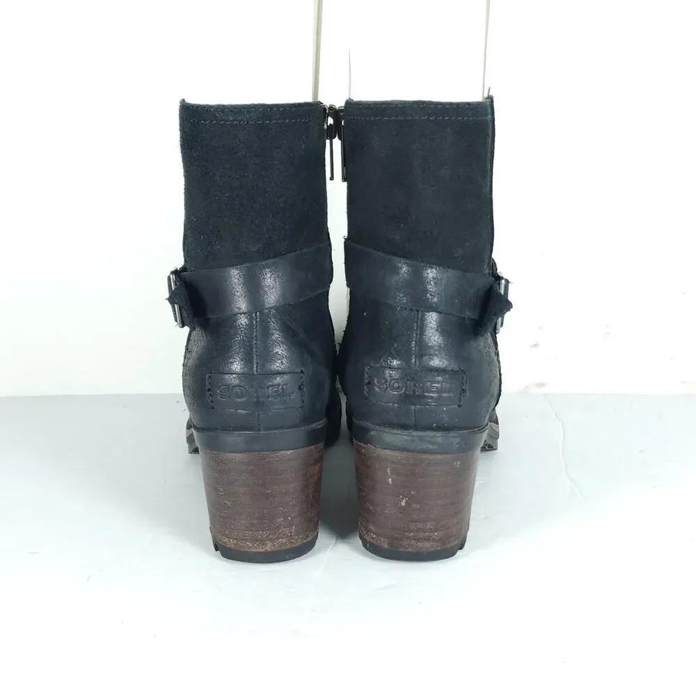 Sorel Women’s Cate US7 Black Leather Waterproof Side Zip Strappy Ankle Boots